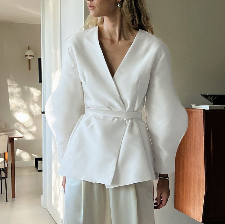 French Design Niche Women Clothing Spring Long Sleeve V neck Strap Elegant Top