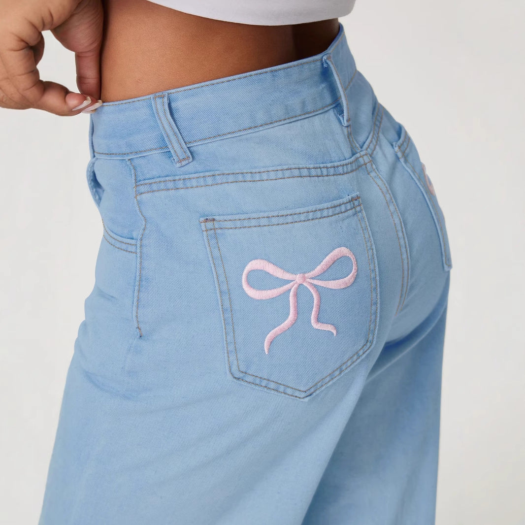 Women Clothing Trend Bow Embroidered Denim Trousers