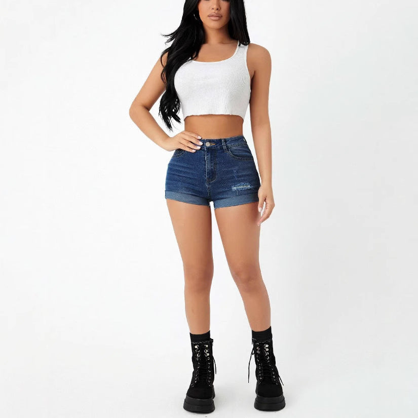 High Waist Elastic Slim Fit Ripped Jeans Shorts Women