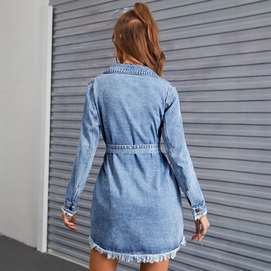 Women Clothing Retro Slimming Long Sleeve Denim Dress