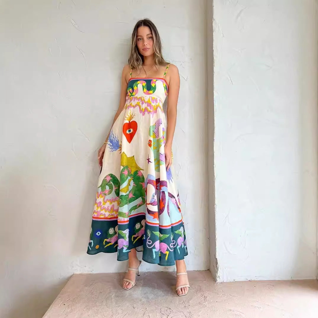 Dress Women Clothing Spaghetti Strap Floral Print Linen 9 Color Large Swing Dress