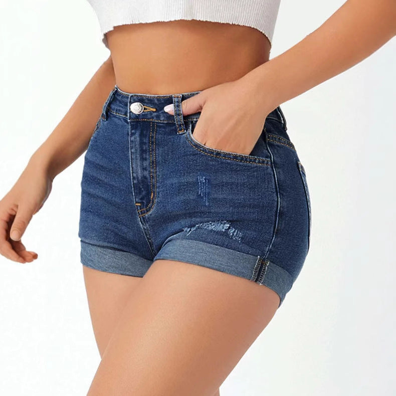 High Waist Elastic Slim Fit Ripped Jeans Shorts Women