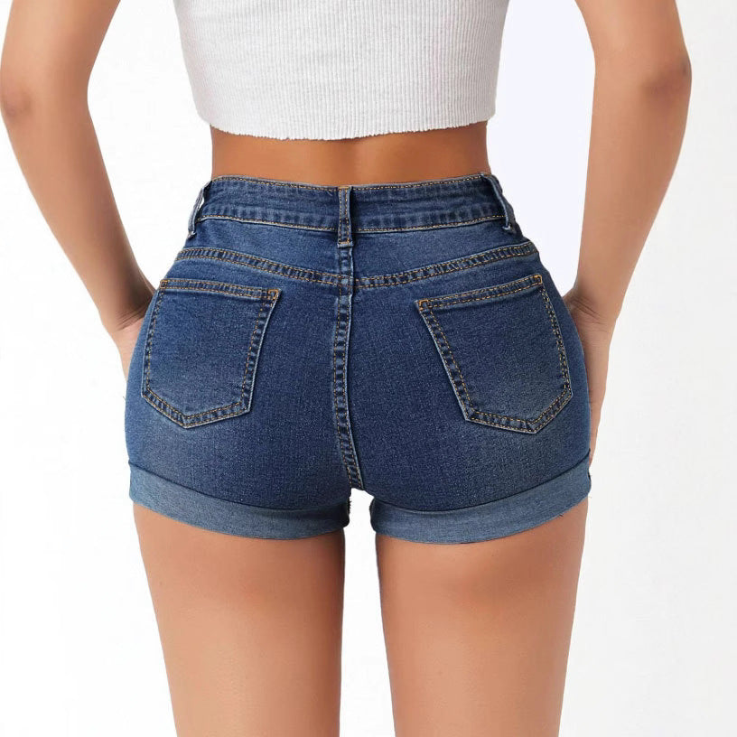 High Waist Elastic Slim Fit Ripped Jeans Shorts Women