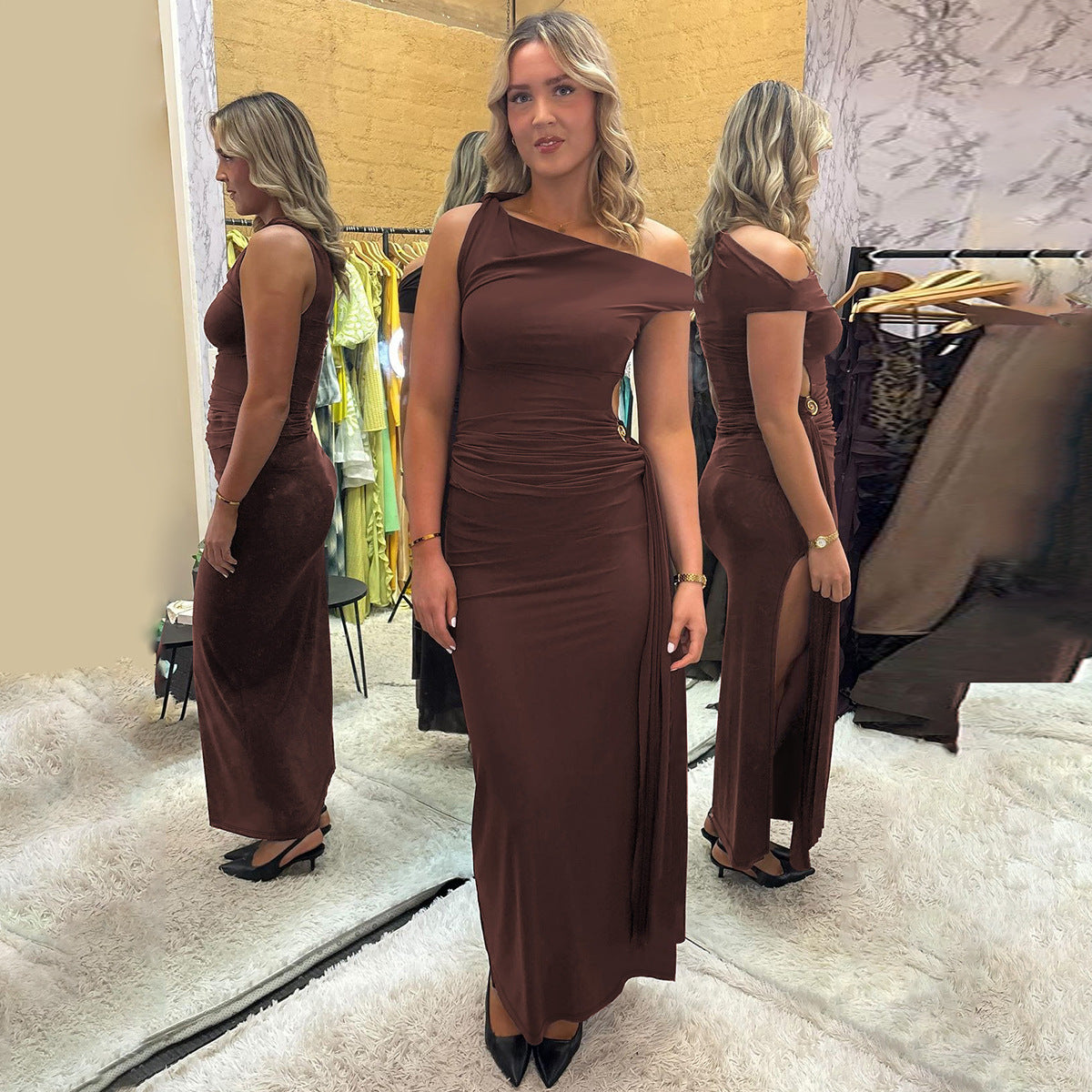 Sultry One-Shoulder Ruched Maxi Dress with Cutout & Split – Summer Party Edition