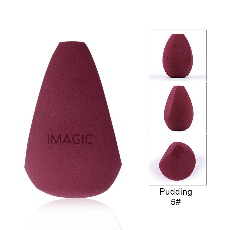 Maroon makeup sponge with 'IMAGIC' branding on a white background