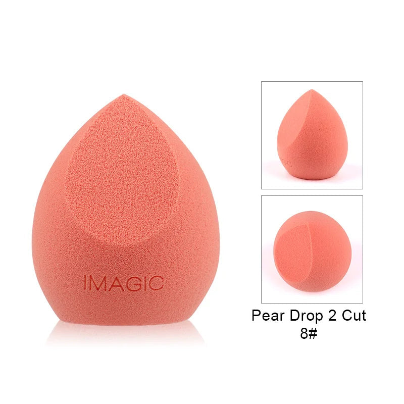 Coral-colored makeup sponge with 'IMAGIC' branding on a white background
