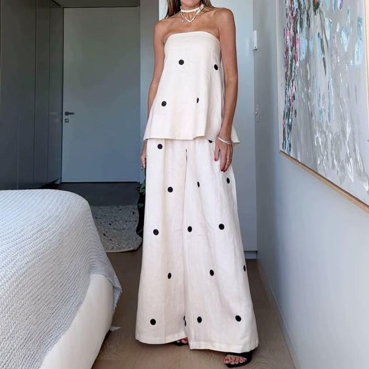 Spring Polka Dot Print Tube Top Printed Loose Pants Two Piece Sets