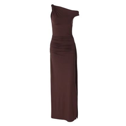 Sultry One-Shoulder Ruched Maxi Dress with Cutout & Split – Summer Party Edition