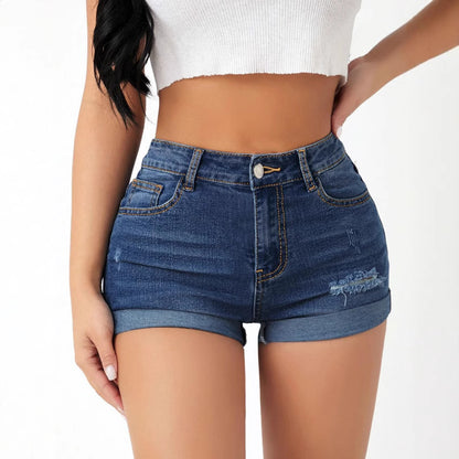 High Waist Elastic Slim Fit Ripped Jeans Shorts Women