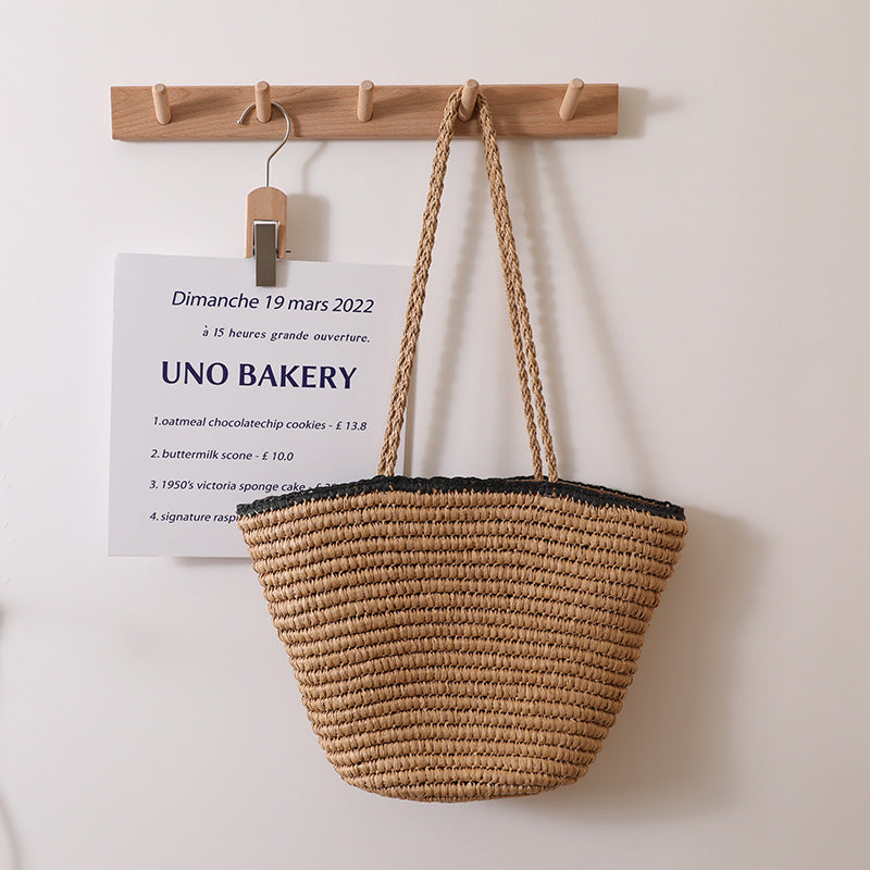 Black Edge Contrast Woven Straw Bag – Chic & Versatile Beach Tote