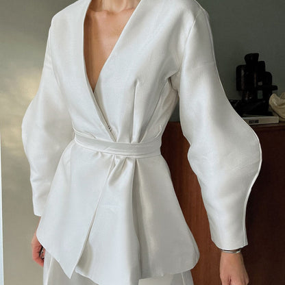 French Design Niche Women Clothing Spring Long Sleeve V neck Strap Elegant Top