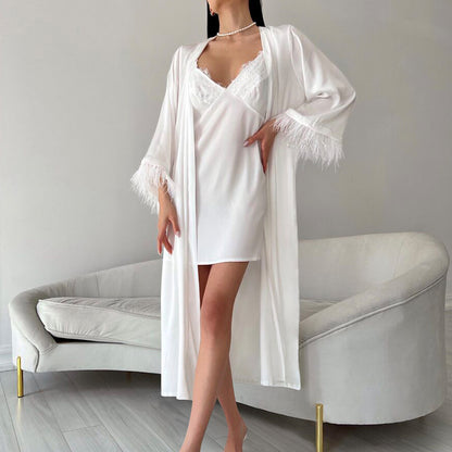 Feather Sleeve Satin Nightdress Set for Women