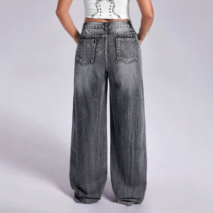 Women Clothing Vintage Cross Embroidery Straight Leg Denim