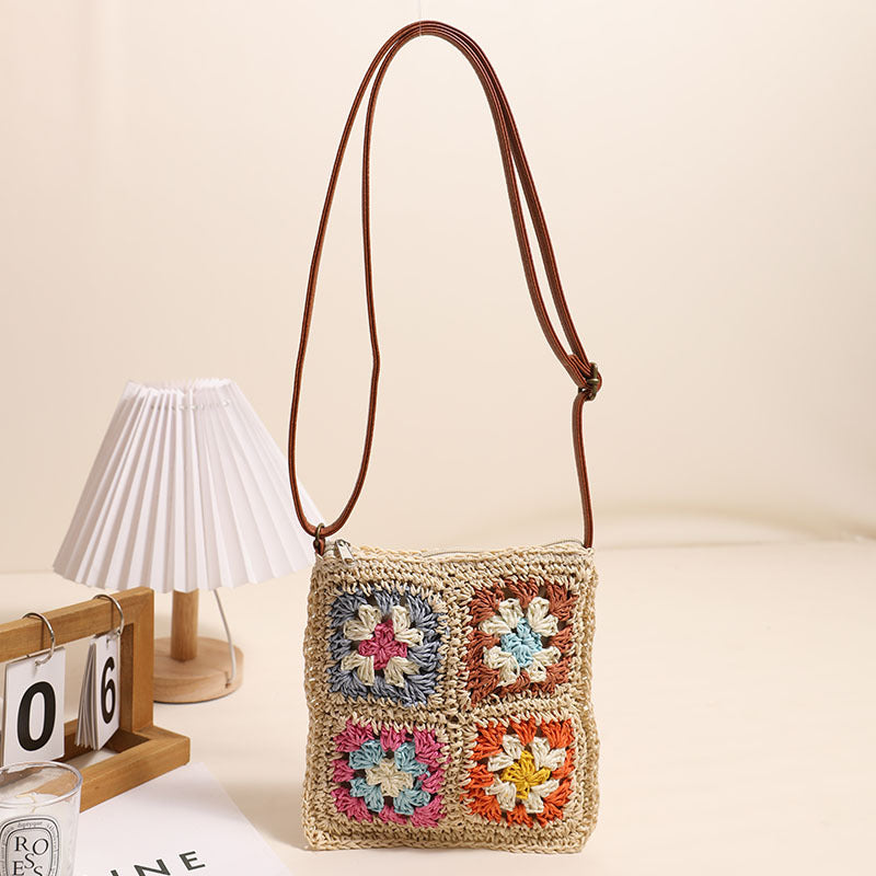 Hollow-Out Floral Woven Straw Crossbody Bag