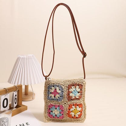 Hollow-Out Floral Woven Straw Crossbody Bag