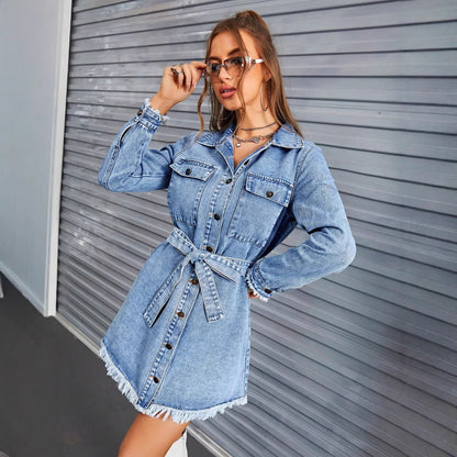 Women Clothing Retro Slimming Long Sleeve Denim Dress