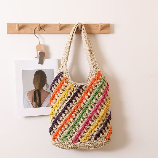 Colorful Striped Shoulder Straw Bag
