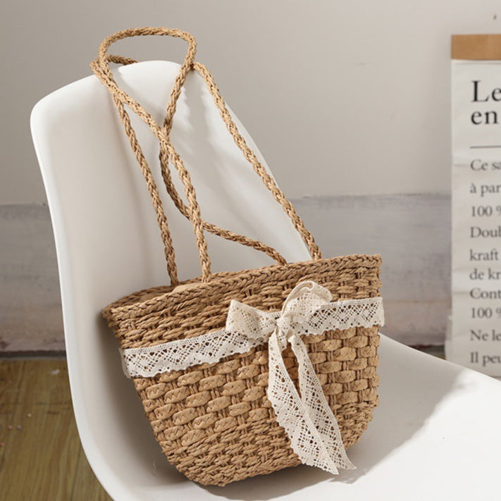 Straw Lace Bow Beach Bag