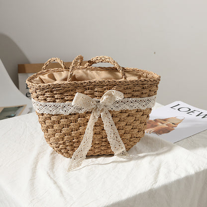 Straw Lace Bow Beach Bag