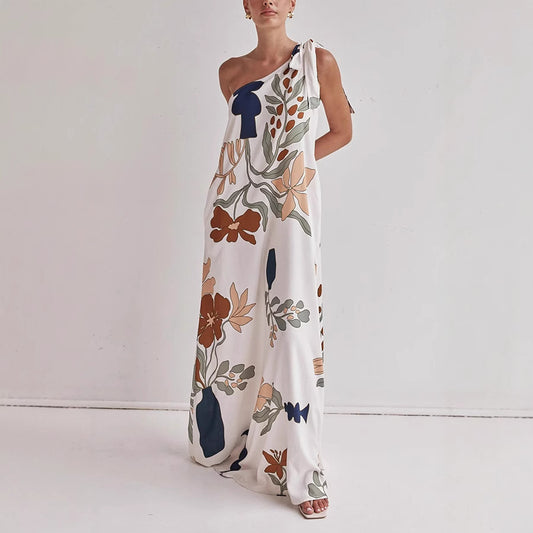 Spring Summer Oblique Shoulder Printed Pocket Dress Casual Loose Vacation Dress