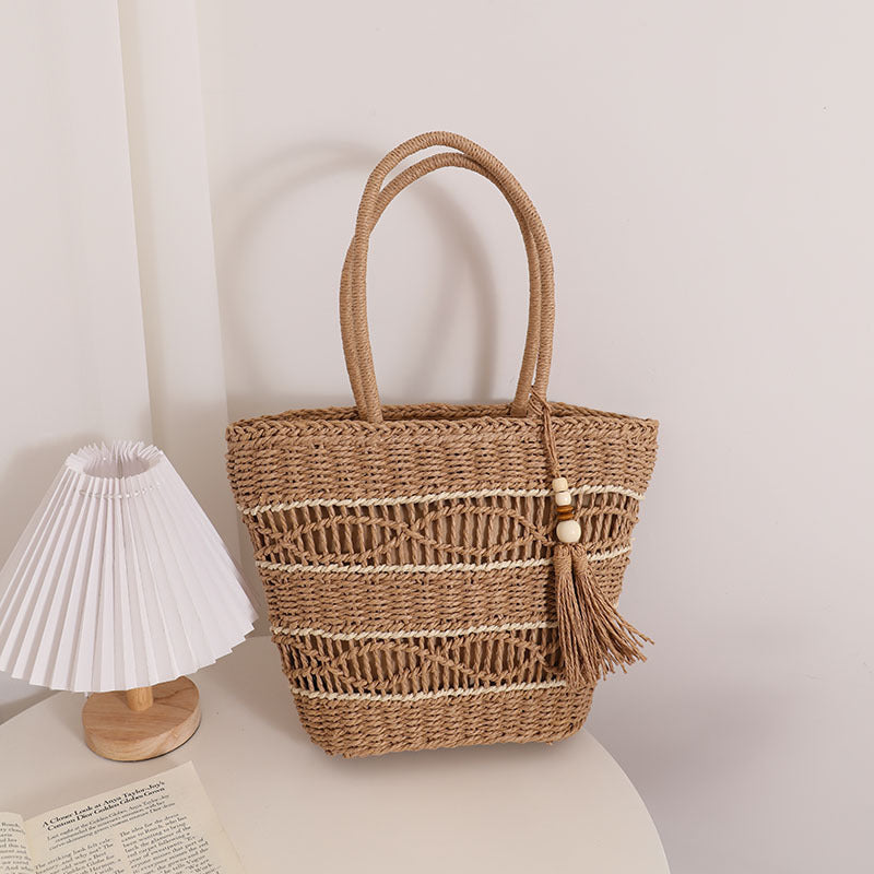 Boho Cutout Straw Shoulder Bag with Tassels
