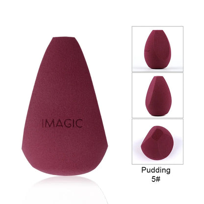 Maroon makeup sponge with 'IMAGIC' branding on a white background