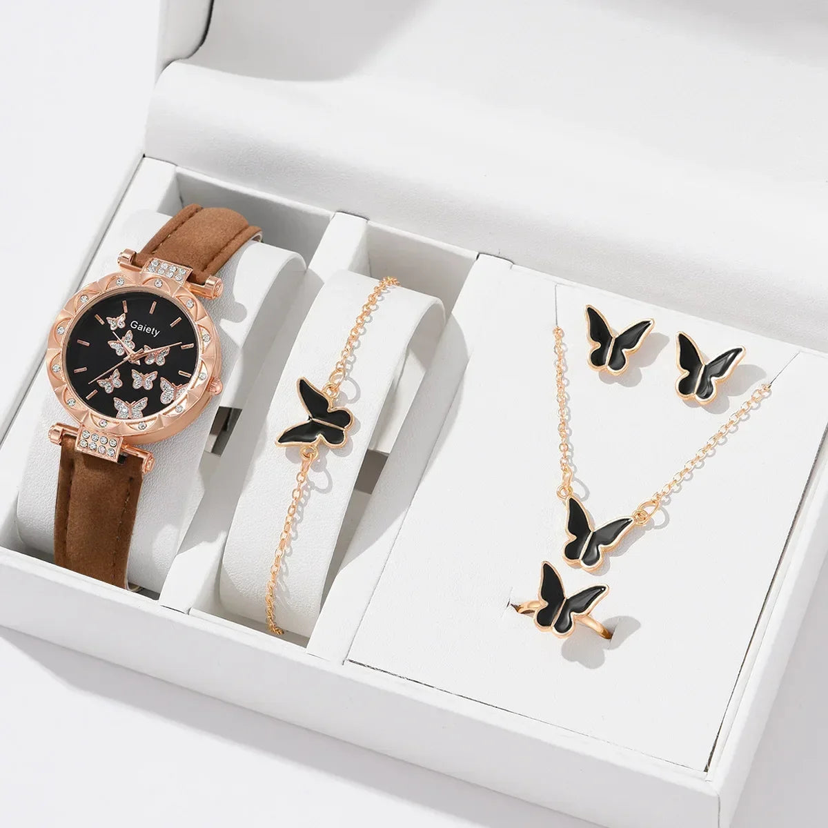 Women’s Butterfly Watch Set – Leather Strap - Box Not Included