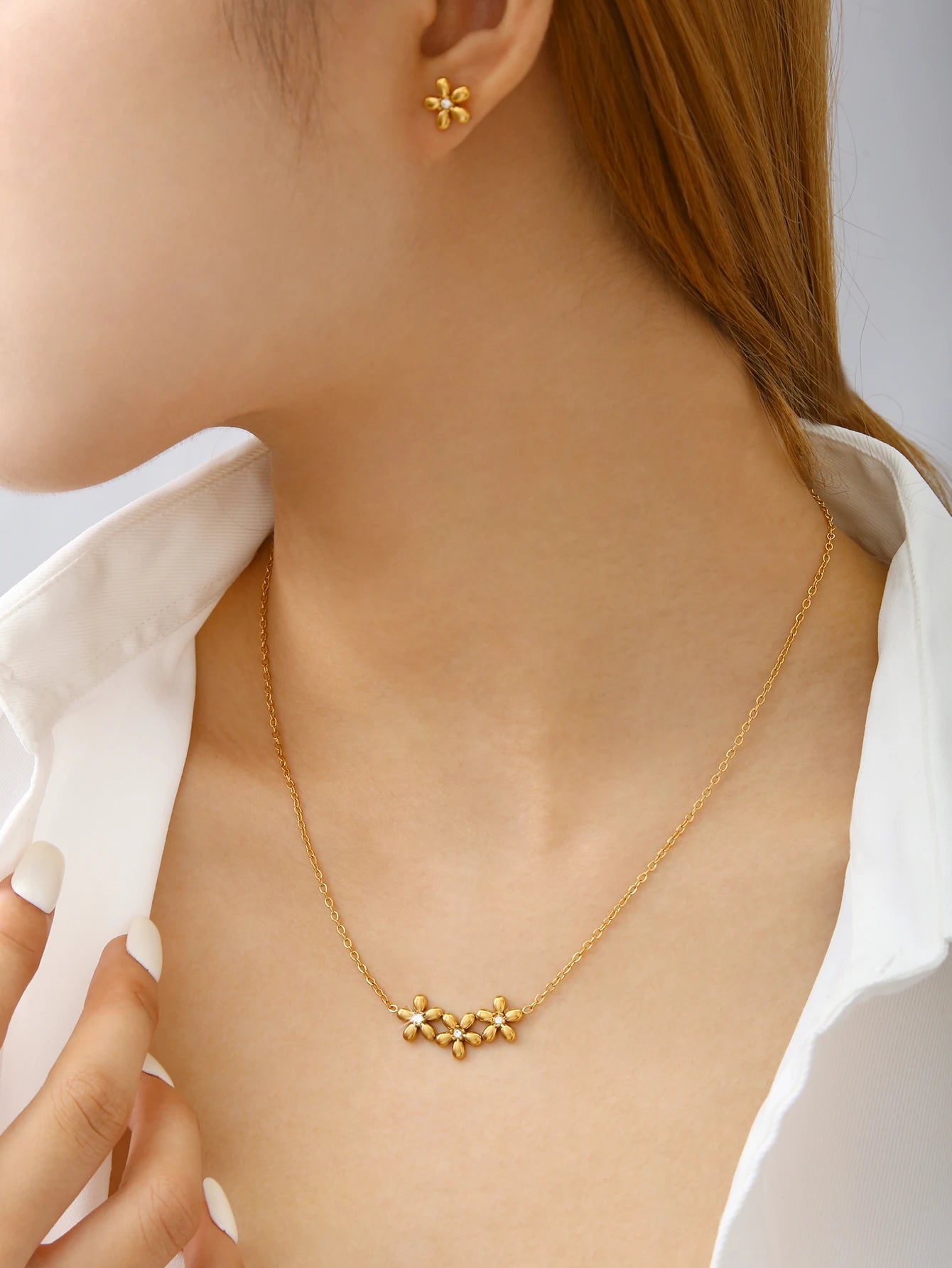 Romantic 18K Gold-Plated Stainless Steel Flower Jewelry Set