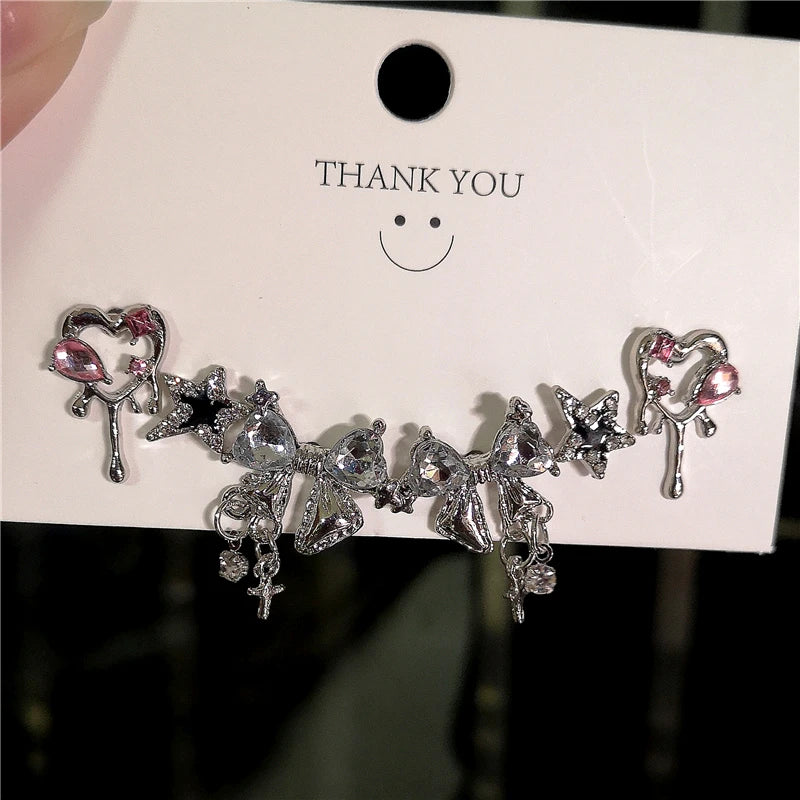 6PCS Crystal Bowknot & Heart Stud Earrings Set