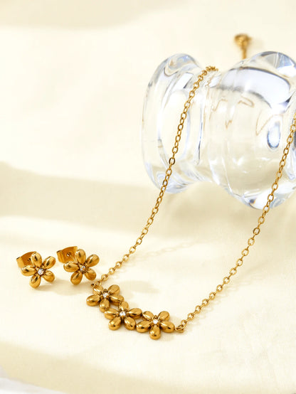 Romantic 18K Gold-Plated Stainless Steel Flower Jewelry Set