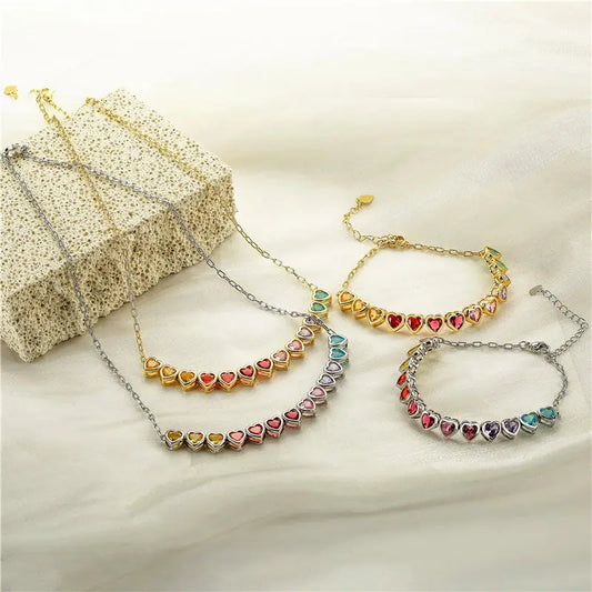 Rainbow Heart Jewelry Set Colorful Zircon Necklace
