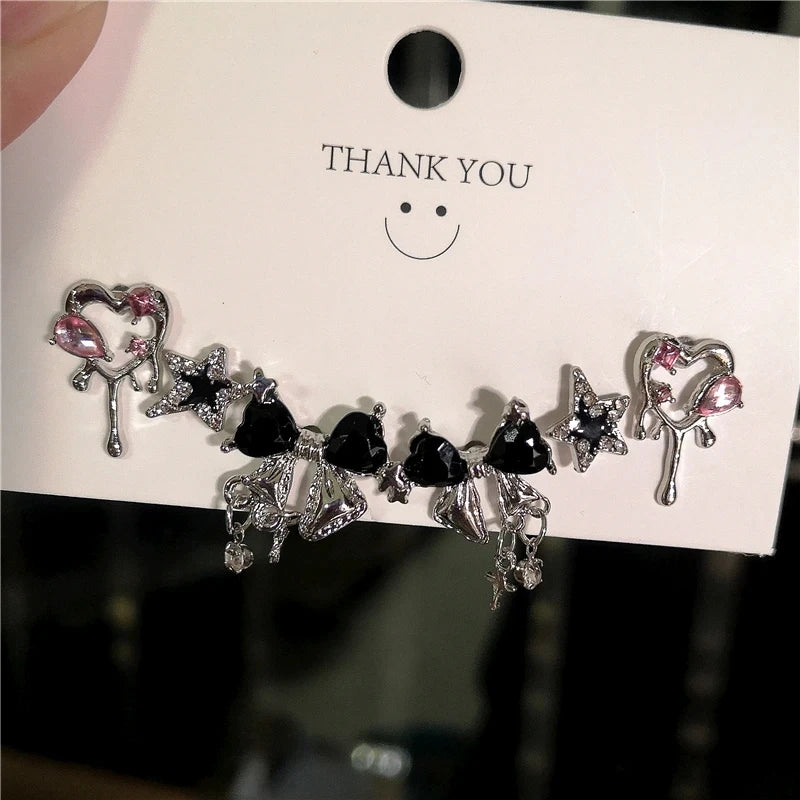6PCS Crystal Bowknot & Heart Stud Earrings Set