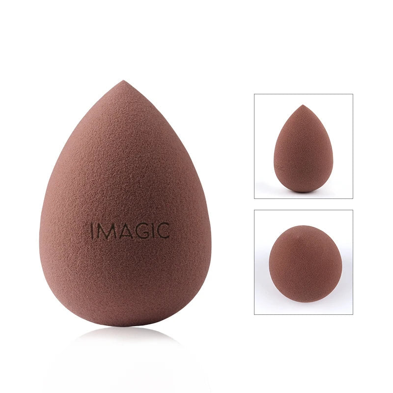 Brown makeup sponge with 'IMAGIC' branding on a white background