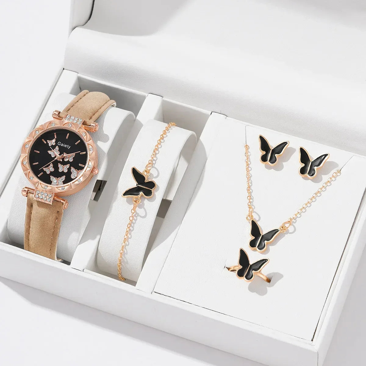 Women’s Butterfly Watch Set – Leather Strap - Box Not Included