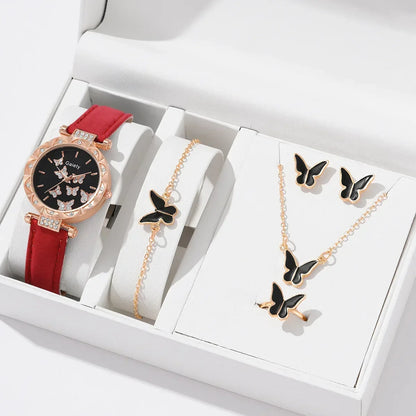 Women’s Butterfly Watch Set – Leather Strap - Box Not Included