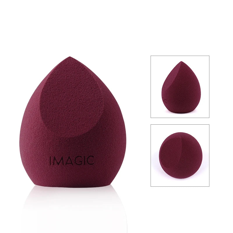 Maroon makeup sponge with 'IMAGIC' branding on a white background